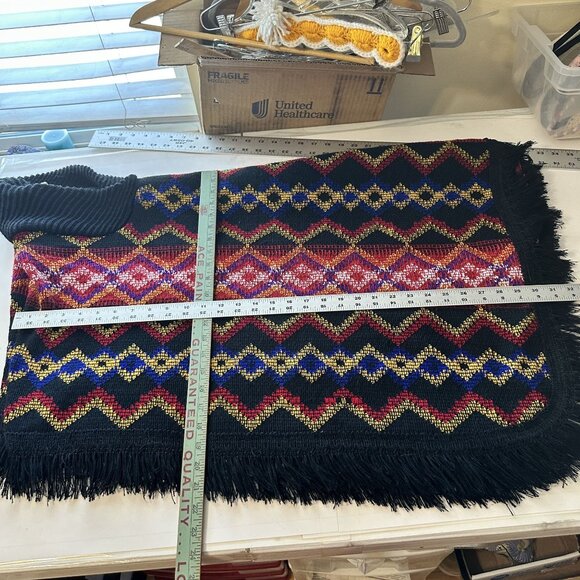 Mexican Textiles Knit Poncho Fringe Geometric Red Blue One Size Black Cowl Neck - Picture 3 of 8